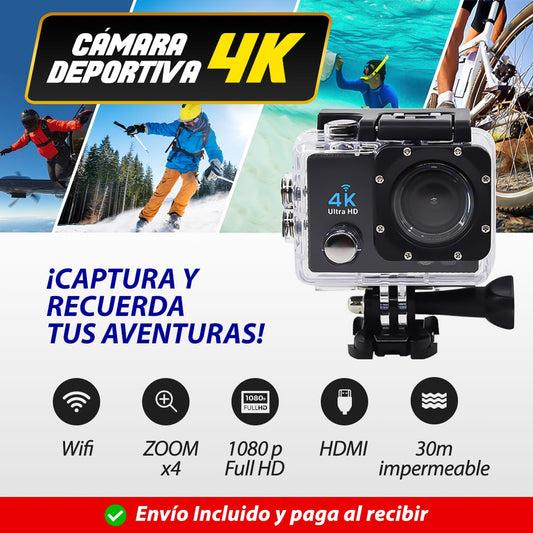 CÁMARA DEPORTIVA 4K: ¡Captura y recuerda tus aventuras! + CONTROL Y KIT DE ACCESORIOS - Compra Hogar